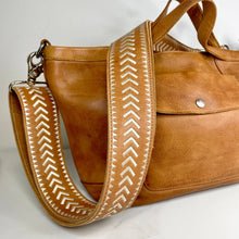 Load image into Gallery viewer, Archer Handcrafted Wide Leather Embroidered Shoulder Strap in Cognac