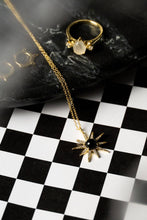Load image into Gallery viewer, Spitfire Girl Midnight Star Necklace 18k gold plated 925 sterling silver chain and sunburst pendant with rounded onyx center.