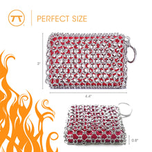 Load image into Gallery viewer, Chainmail scrubber with dimensions and flame graphic on a white background