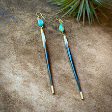 Load image into Gallery viewer, Porcupine and turquoise drop earrings on a textured surface