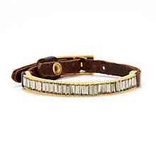 Load image into Gallery viewer, Brown leather bracelet with gold accents and black diamond crystals on a white background