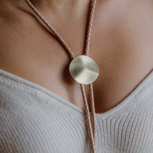 Load image into Gallery viewer, Brown braided leather rope tie with large brass disc bolo tie