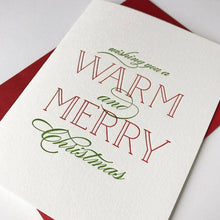 Load image into Gallery viewer, Letterpress Christmas card with 'Wishing you a Warm and Merry Christmas'