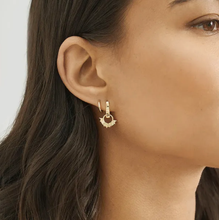 Load image into Gallery viewer, Close-up of a woman wearing gold hoop earrings with a plain background