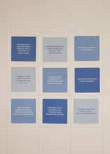 Load image into Gallery viewer, Grid of blue cards with text on a beige background