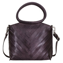 Load image into Gallery viewer, Dark eggplant leather handbag with a chevron pattern on a white background