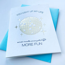 Load image into Gallery viewer, Greeting card with disco ball illustration and text on a blue background