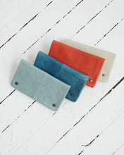 Load image into Gallery viewer, wallet clutch with 8 card slots and one coin zippered section in various colors of leather
