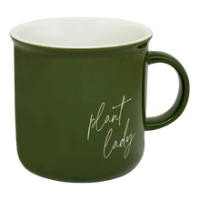 Load image into Gallery viewer, Green mug with 'plant lady' text on a white background