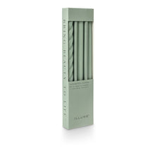 Load image into Gallery viewer, 3 tapered candles each with a different texture including a twist, fluted and smooth in pale sage
