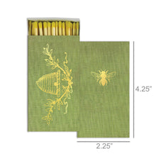 Load image into Gallery viewer, Green matchbox with yellow bee design on a white background