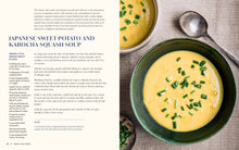 Load image into Gallery viewer, Bowl of Japanese sweet potato and kabocha squash soup with green onions on a textured surface, next to a recipe text.