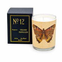 Load image into Gallery viewer, Candle with butterfly design and packaging labeled 'No. 12 Velvet Papillon' on a white background