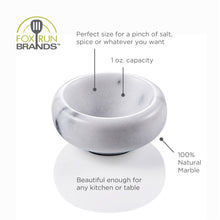 Load image into Gallery viewer, Marble salt cellar with Fox Run Brands logo and product features on a white background
