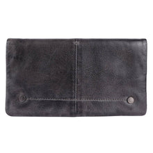 Load image into Gallery viewer, A dark gray distressed leather clutch wallet with a vertical center seam, horizontal stitched detail, and two silver metal snap buttons on the front, shown against a plain white background.