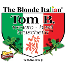 Load image into Gallery viewer, Label for 'The Blonde Italian' Tom B. tomato basil laschetta on a white background