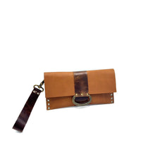 Load image into Gallery viewer, Camel brown leather clutch bag with gold handle on a white background
