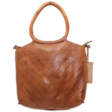 Load image into Gallery viewer, Brown leather handbag with a visible brand tag on a white background