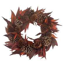 Load image into Gallery viewer, Wreath with pinecones and red leaves on a white background