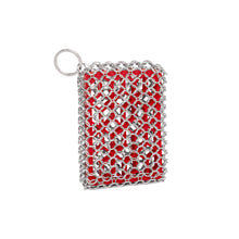 Load image into Gallery viewer, Red mesh scrubber with silver metal hook on a white background