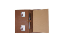 Load image into Gallery viewer, Brown leather notebook with photos and a pen on a white background