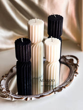 Load image into Gallery viewer, Three black and white textured candles on a decorative tray with 'AGABOO' branding.