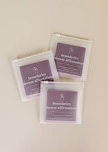Load image into Gallery viewer, Shower affirmation cards with affirmations for the bath and shower focused on boundaries shown inside their clear plastic zip closure packaging