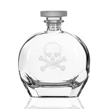 Load image into Gallery viewer, Clear glass decanter with skull and crossbones design on a white background