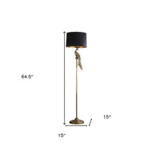 Load image into Gallery viewer, Floor lamp with black shade and decorative element, shown with measurements on a white background.