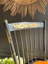 Load image into Gallery viewer, Vintage L. Hitchcock American Traditional Farmhouse style spindle dining chair in black with gold stenciling and a natural maple seat finished in their golden brown Harvest stain