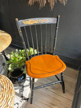 Load image into Gallery viewer, Vintage L. Hitchcock American Traditional Farmhouse style spindle dining chair in black with gold stenciling and a natural maple seat finished in their golden brown Harvest stain