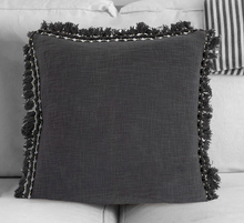 Load image into Gallery viewer, 20" square cotton slub pillow in charcoal gray with fringe edges