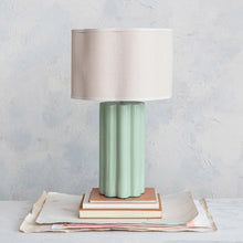 Load image into Gallery viewer, Stoneware Fluted Pale Green Table Lamp with Ivory Linen Scalloped Shade & Swivel Neck