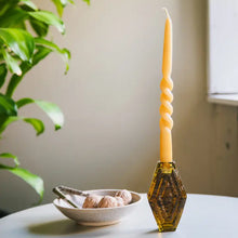 Load image into Gallery viewer, solid glasss infinite hexagon candlestick holder in amber