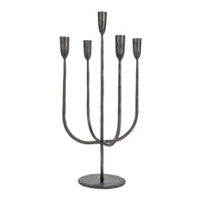 Load image into Gallery viewer, Black metal candelabra with five candle holders on a white background
