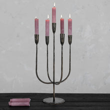Load image into Gallery viewer, Candleabra with five pink candles on a gray background