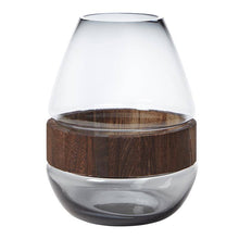 Load image into Gallery viewer, Smoky glass vase with wooden base on a white background