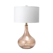 Load image into Gallery viewer, Table lamp with a white shade and a transparent, amber-colored base on a white background