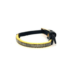 Load image into Gallery viewer, Black leather and gold set black baguette diamond crystals bracelet on a white background