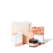Load image into Gallery viewer, Renew and replenish kit Replenishing Salt Soak 3 oz, Vitamin C Facial Mask .3 oz and Rose Geranium + Mandarin Soap 2 oz.