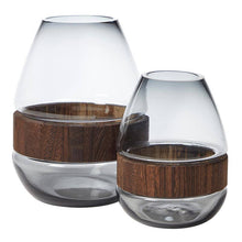 Load image into Gallery viewer, Two smoky glass vases with wooden bands on a white background