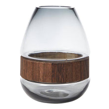 Load image into Gallery viewer, Smoky glass vase with wooden band on a white background