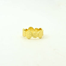 Load image into Gallery viewer, Gold ring with circular designs on a white background