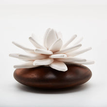 Load image into Gallery viewer, Anoq Lotus fragrance diffuser, crafted with a porcelain flower and an Acacia wood base
