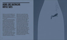 Load image into Gallery viewer, Book page with text on bottle sizes and a diver illustration on a blue background
