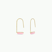 Load image into Gallery viewer, Gold earrings with pink rectangular stones on a white background