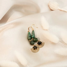 Load image into Gallery viewer, jade moss agate and smokey quartz 2" drop earrings