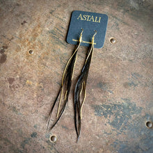 Load image into Gallery viewer, Black coque feather and gold chains hang from a gold earwire on an Astali brand card