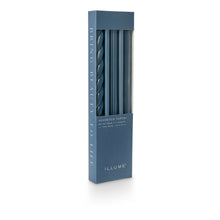 Load image into Gallery viewer, 3 tapered candles each with a different texture including a twist, fluted and smooth in demin blue