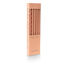 Load image into Gallery viewer, 3 tapered candles each with a different texture including a twist, fluted and smooth in soft peach